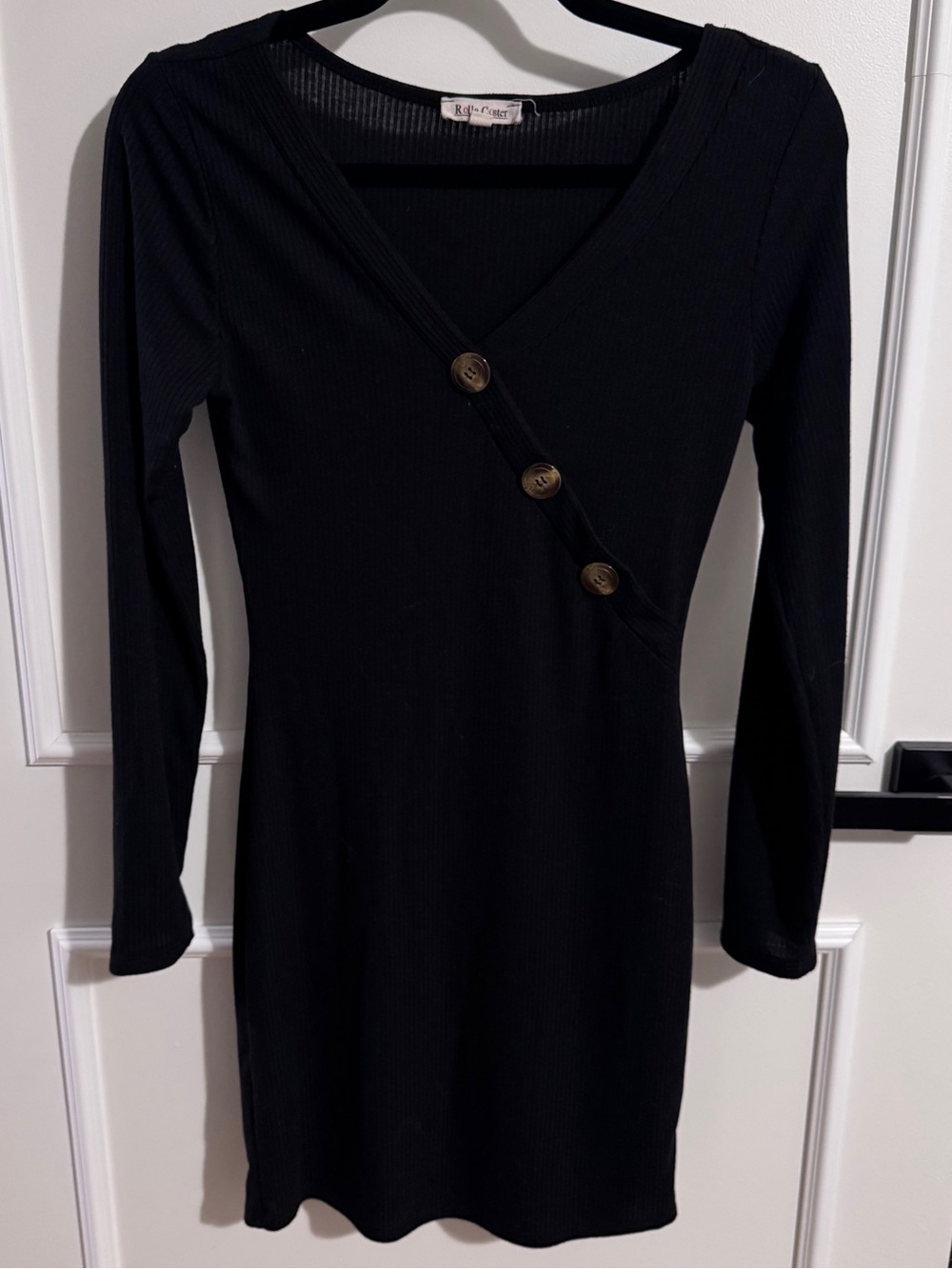 Rolla Coster Black Ribbed V-Neck Long Sleeve Dress with Button Detail